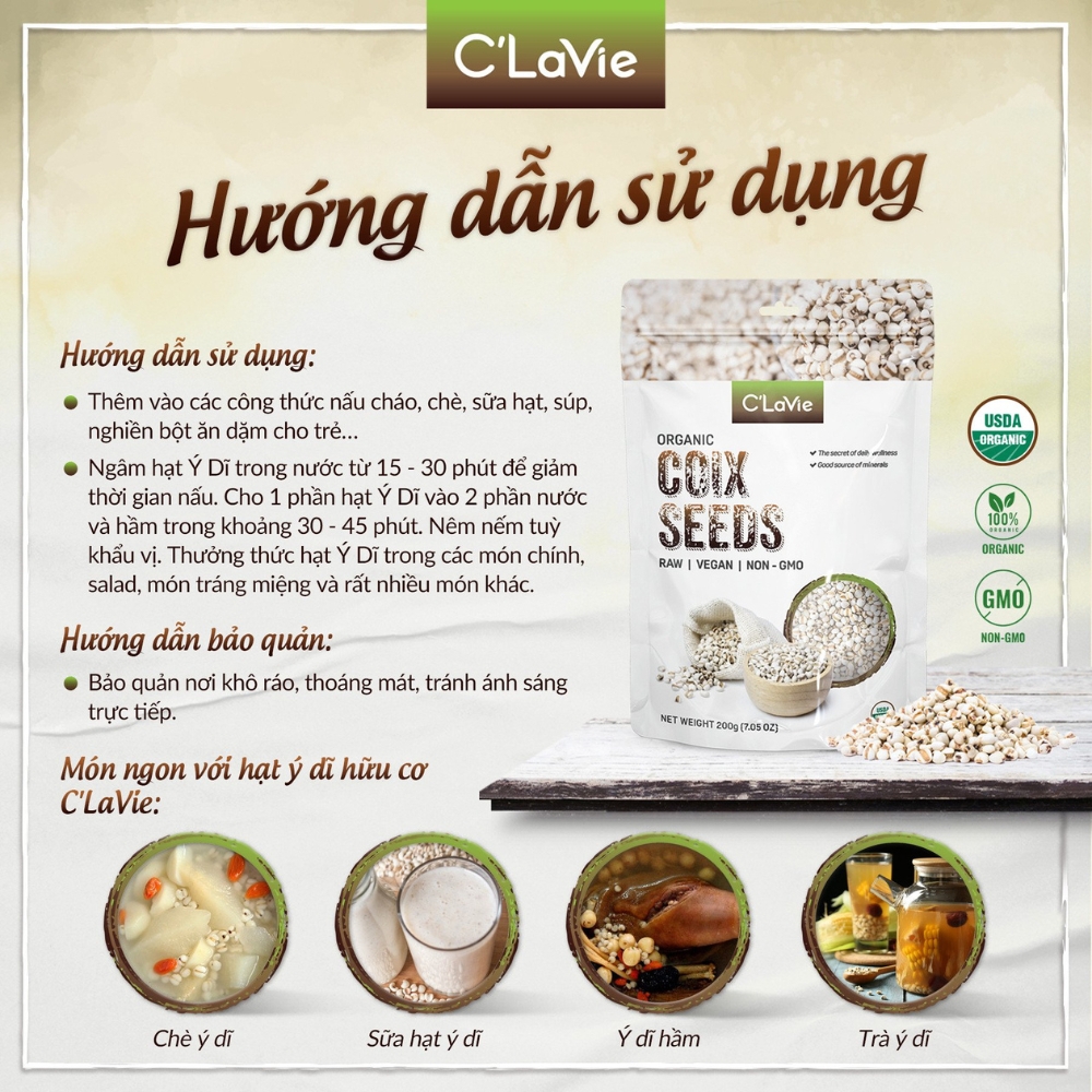 Hạt kiều mạch/đậu đỏ azuki/đậu đỏ kidney/đậu lăng đỏ/đậu nành/đậu xanh/hạt ý dĩ hữu cơ C'LaVie 200g