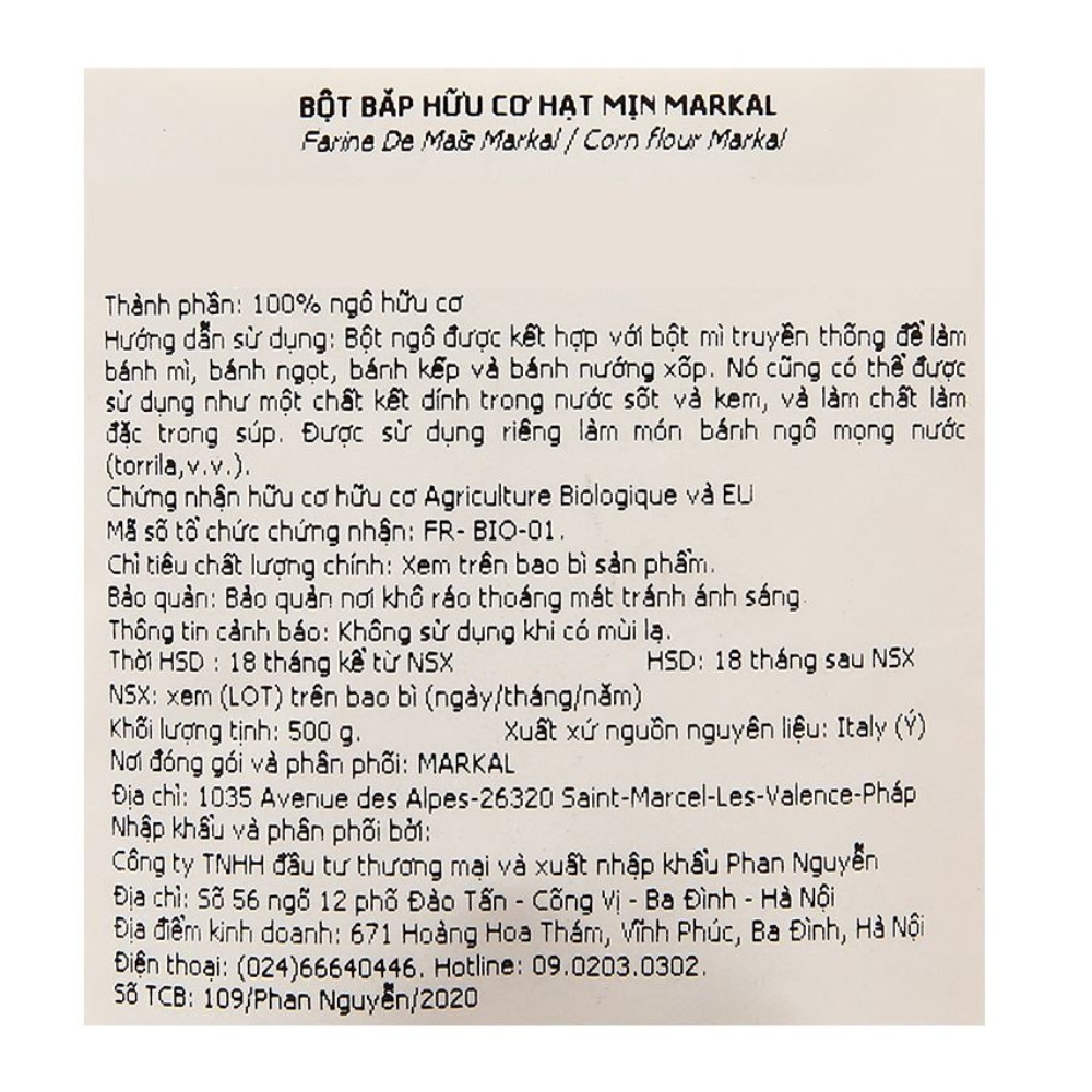 Bột bắp hữu cơ hạt mịn Markal 500g