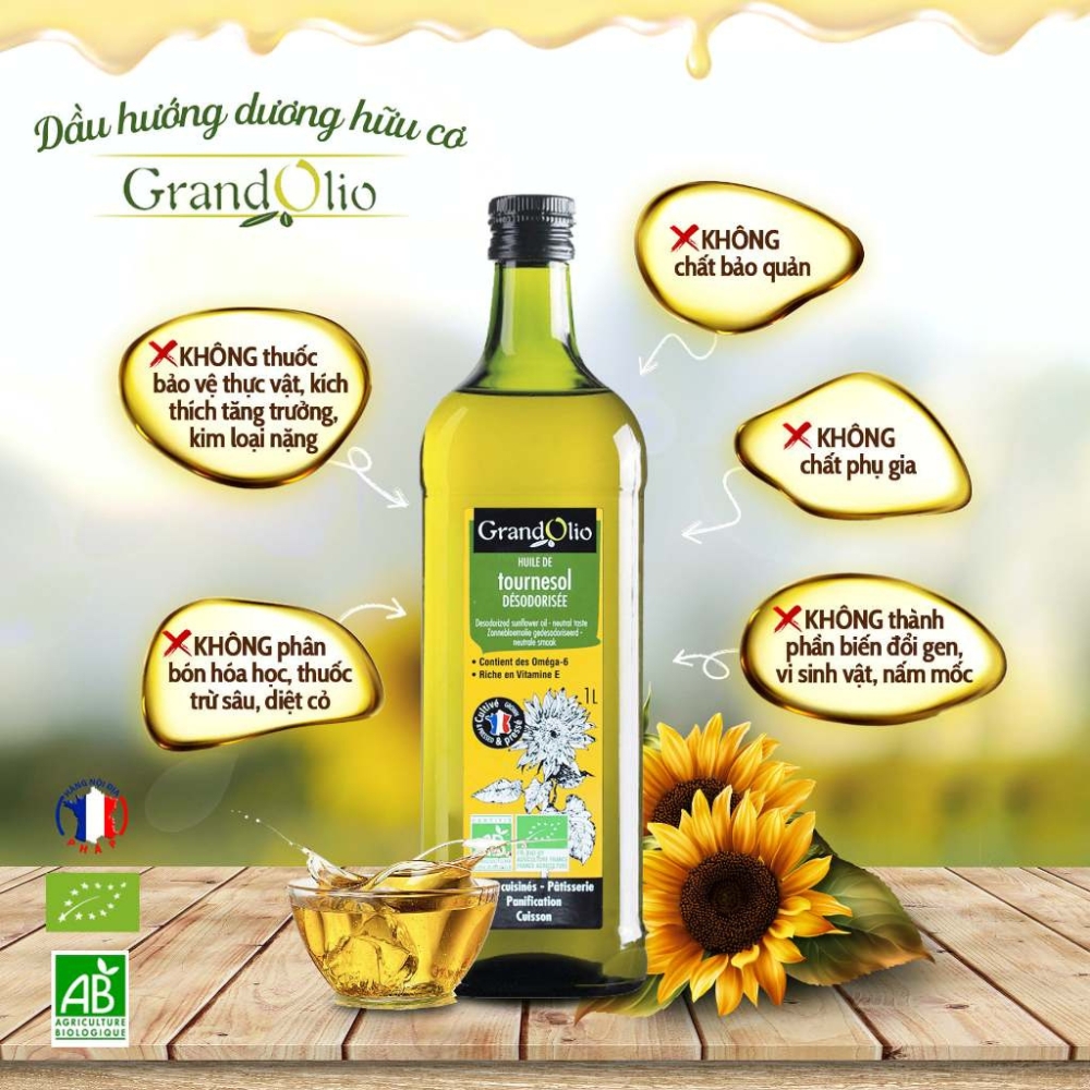 Dầu ăn hướng dương hữu cơ Grand Olio 1 lít