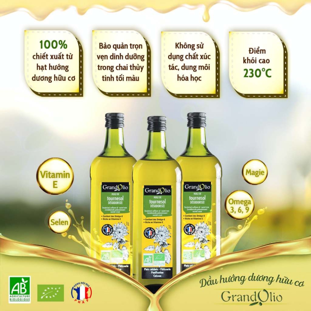 Dầu ăn hướng dương hữu cơ Grand Olio 1 lít