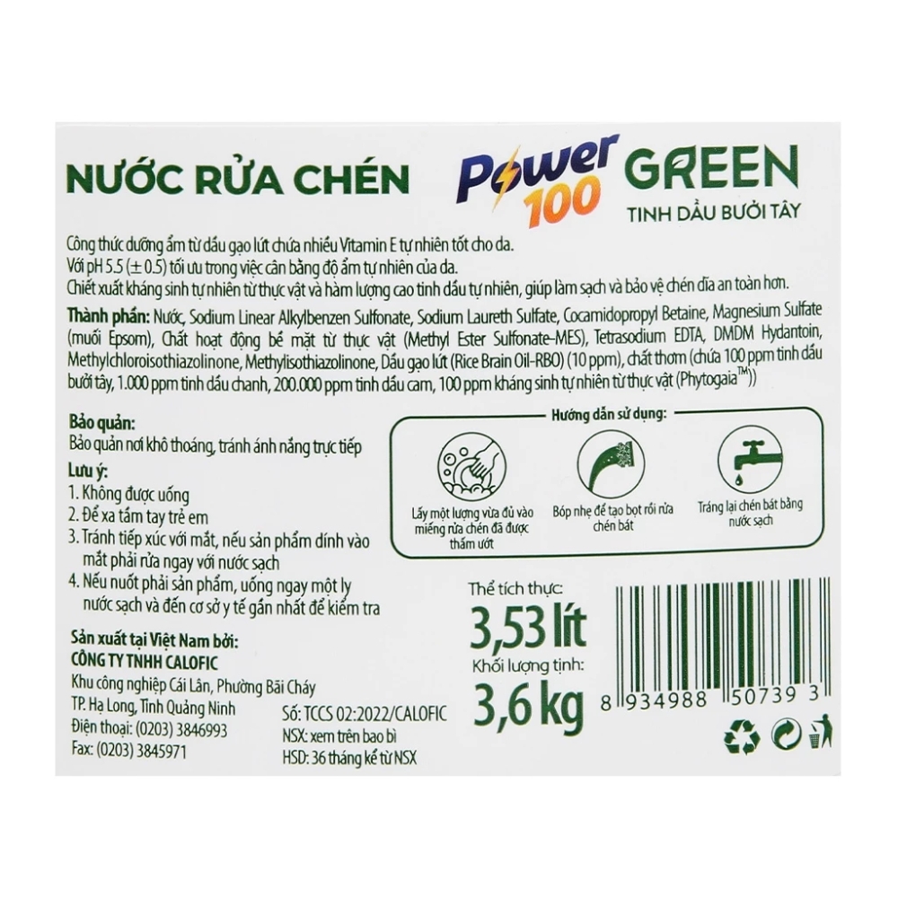 Nước rửa chén POWER100 Green tinh dầu bưởi tây can 3.6 Lít