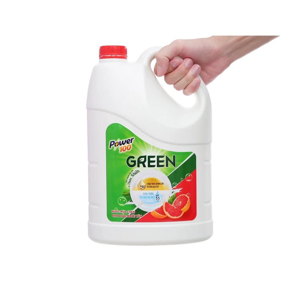 Nước rửa chén POWER100 Green tinh dầu bưởi tây can 3.6 Lít