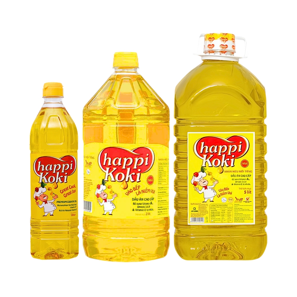 Thùng 4/6/12 chai dầu ăn Happi Koki chai 1 lít/2 lít và bình 5 lít