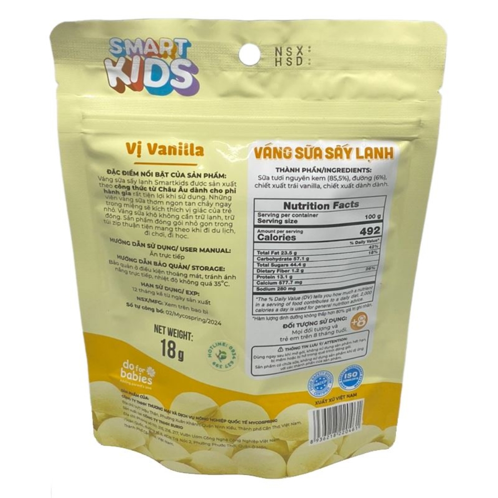 Váng sữa sấy lạnh Smart Kids vị vanilla/hạt dẻ/dâu 18gr cho bé từ 8 tháng tuổi