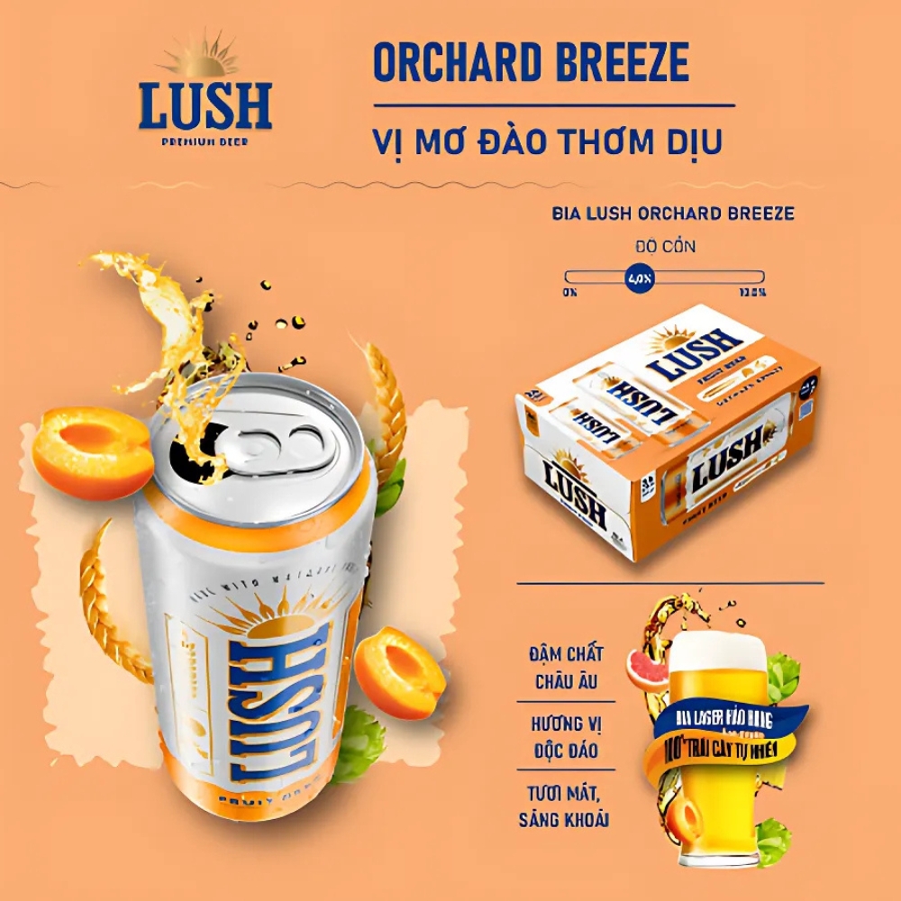 Thùng 24 lon bia Lush Orchard Breeze hương mơ, đào và rau mùi lon cao 330ml