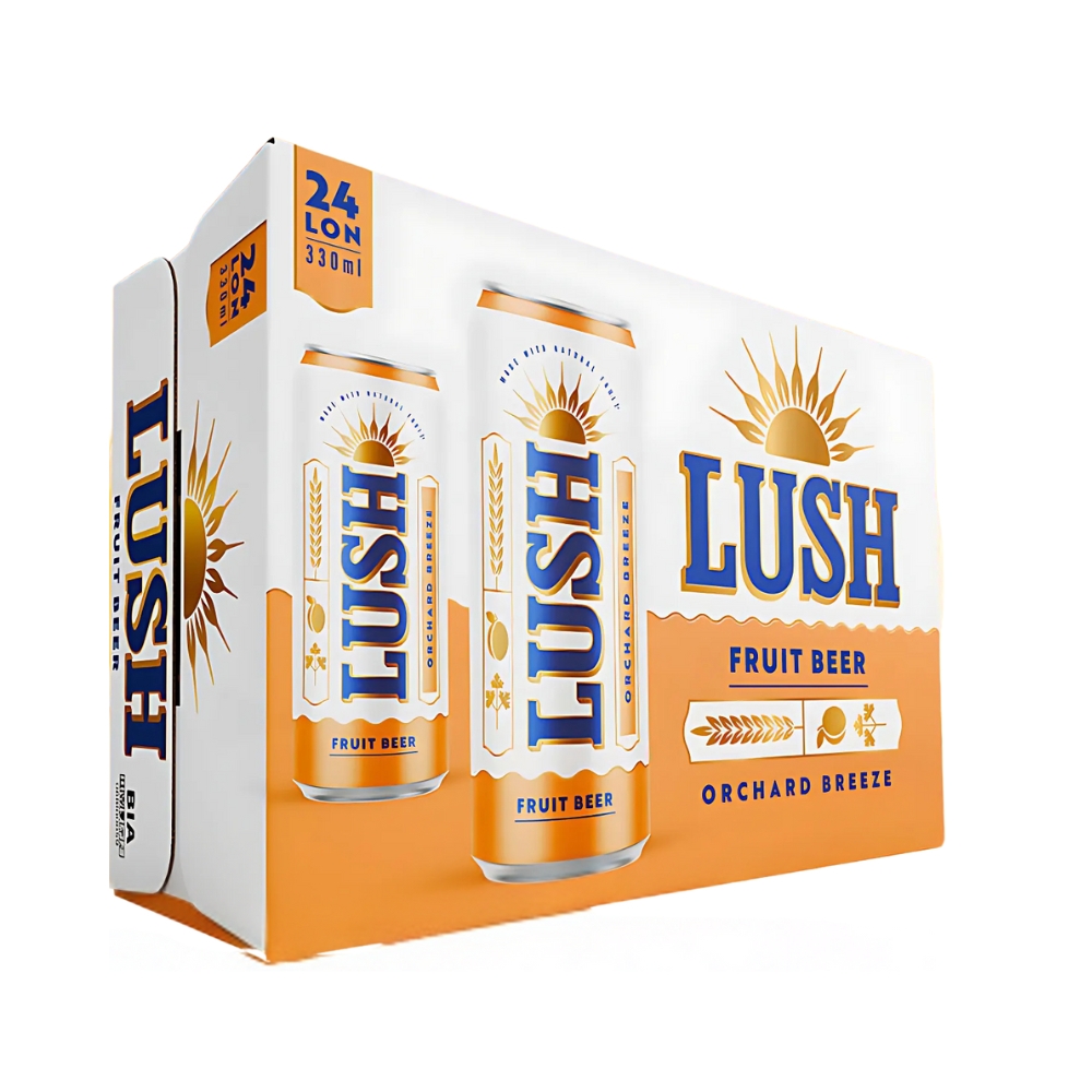 Thùng 24 lon bia Lush Orchard Breeze hương mơ, đào và rau mùi lon cao 330ml