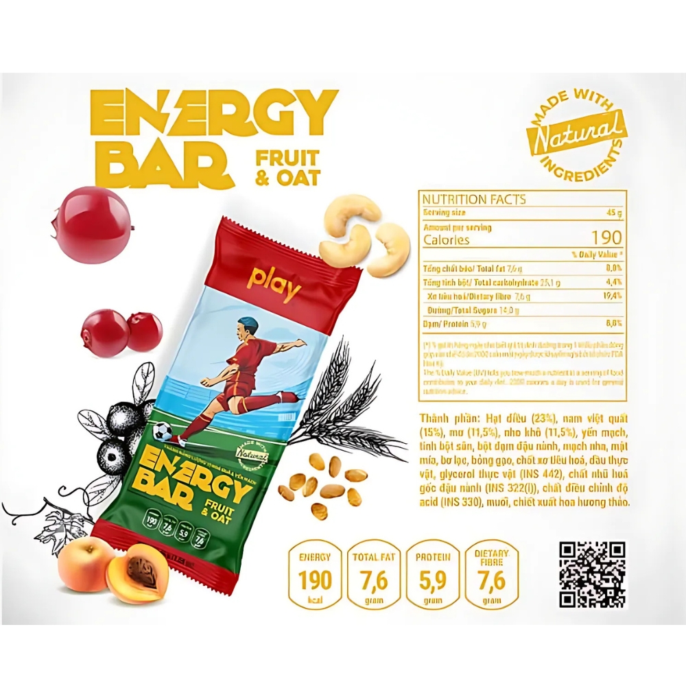 Thanh năng lượng Play Energy Bar vị trái cây và yến mạch/cam và cacao/macca và bơ đậu phộng 45g
