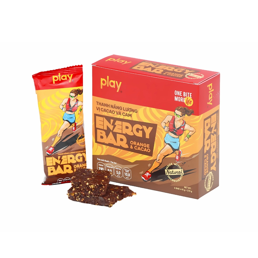 Thanh năng lượng Play Energy Bar vị trái cây và yến mạch/cam và cacao/macca và bơ đậu phộng 45g
