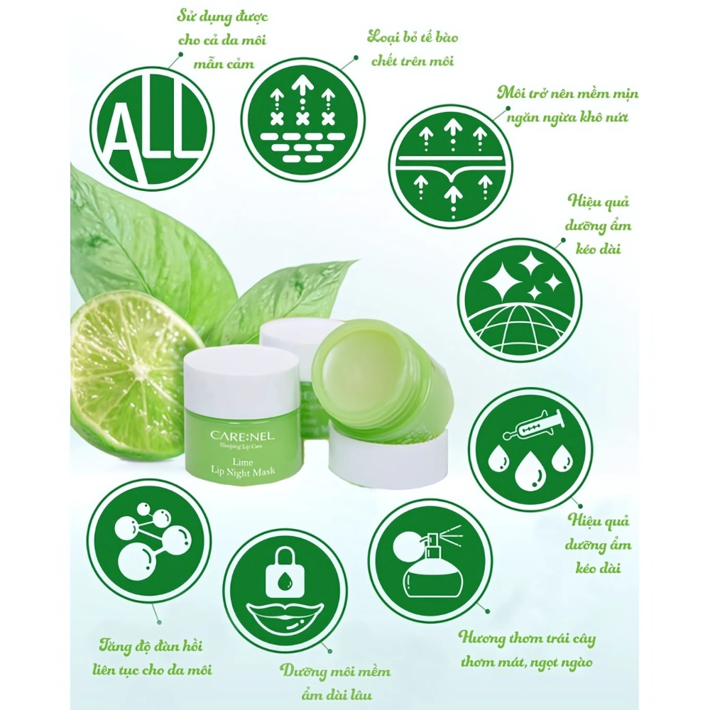 Mặt nạ ngủ môi Care:Nel hương mơ/chanh/dâu/lựu hũ 5g/23g