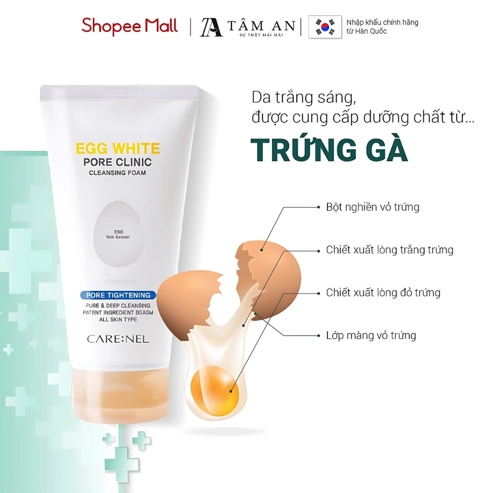 Sữa rửa mặt trứng Care: Nel Egg Pore Clinic làm dịu da,se khít lỗ chân lông, tẩy tế bào chết 150ml