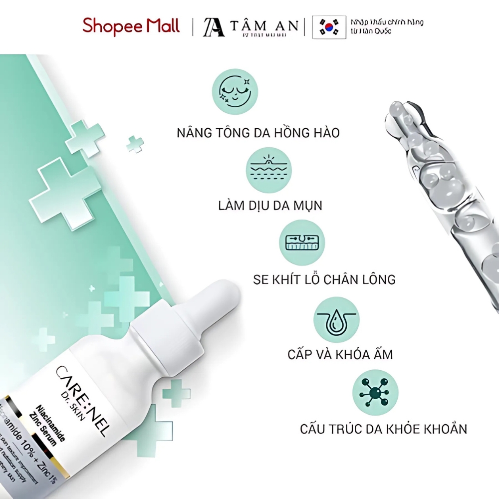 Tinh chất dưỡng trắng da Care:Nel Niacinamide 10%+Zinc 1% ngừa thâm nám 30ml