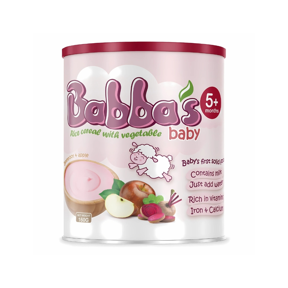 Bột ăn dặm Babba's Baby vị dâu chuối/gạo sữa/táo củ dền 160g