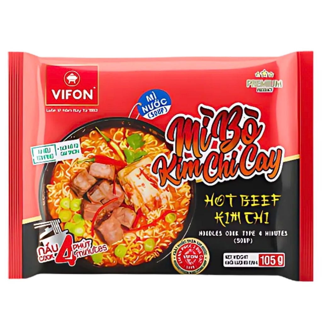 Mì nước Vifon vị bò cay/hải sản cay/bò kim chi cay gói 105g