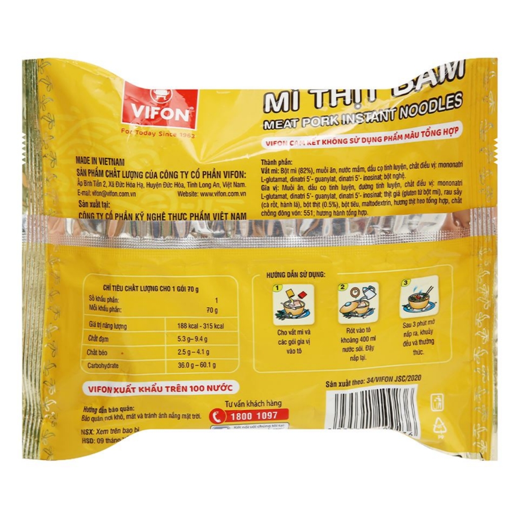 Mì tươi hấp chín Vifon vị thịt bằm/bò sốt vang/tôm chua cay gói 70g