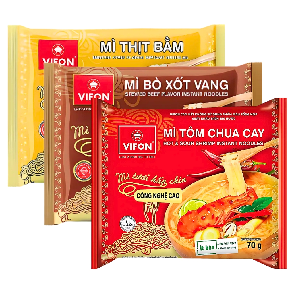 Mì tươi hấp chín Vifon vị thịt bằm/bò sốt vang/tôm chua cay gói 70g