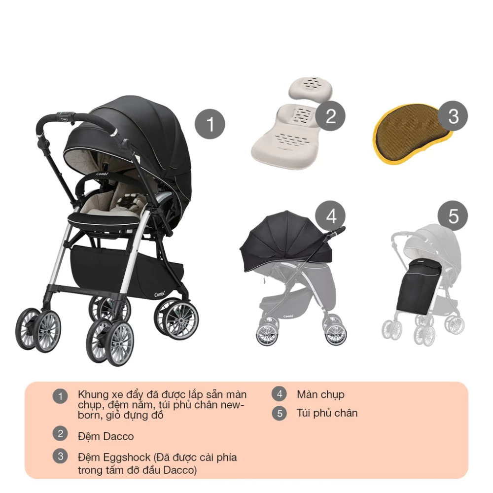 Xe đẩy Combi Umbretta 4 bánh quay tự động Premium New black