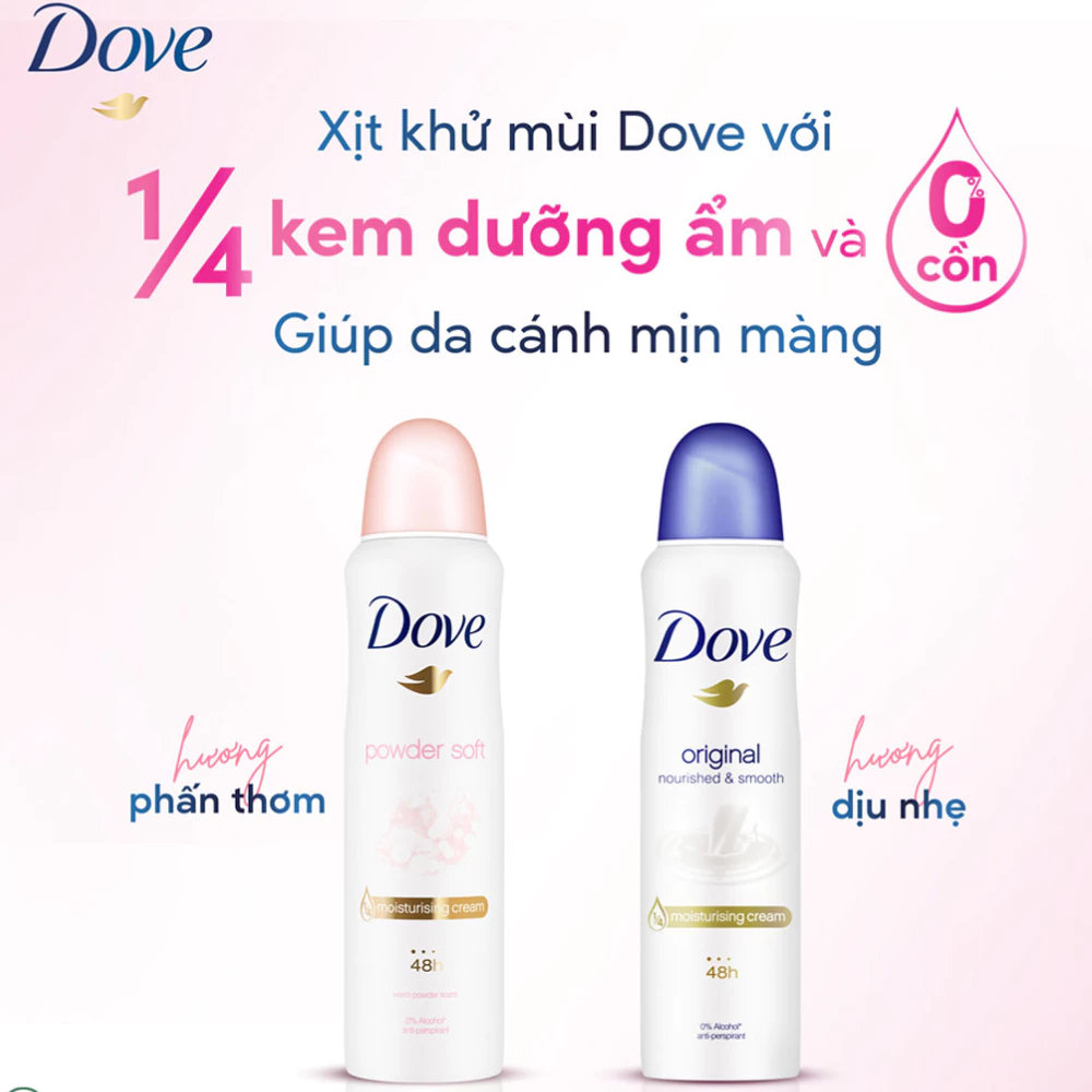Xịt khử mùi Dove dưỡng da sáng mịn hương phấn thơm 135ml/dịu nhẹ 150ml