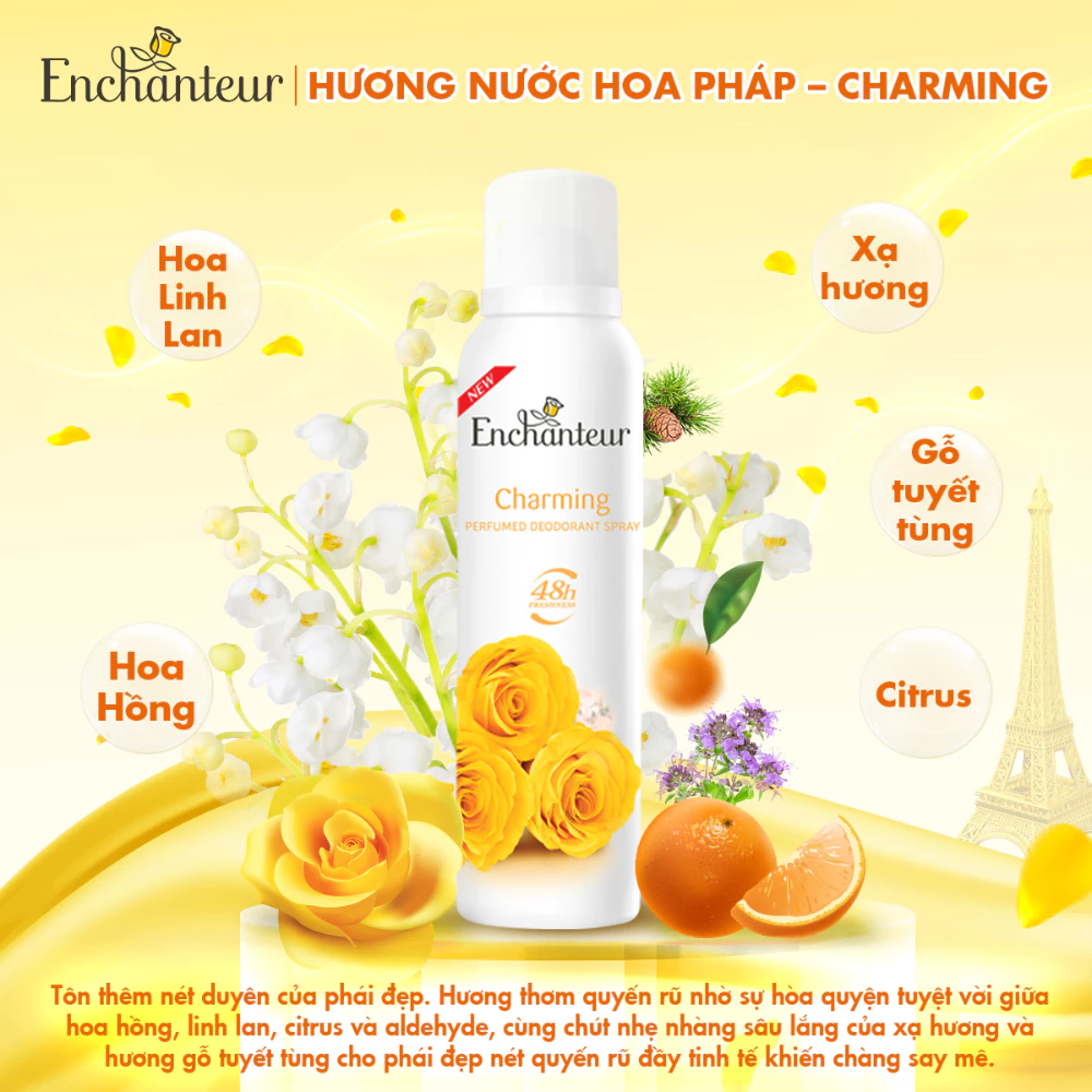 Xịt khử mùi Enchanteur hương nước hoa Charming/Romantic/Sensation/Delightful 150ml