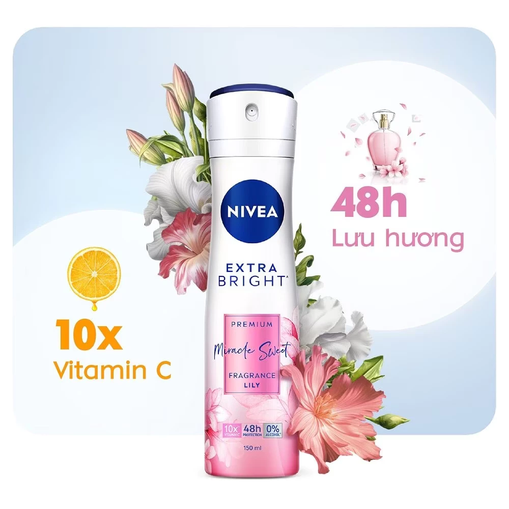 Xịt khử mùi Nivea dưỡng sáng hương cam & gió biển/lê ngọt ngào/hoa mẫu đơn 150ml