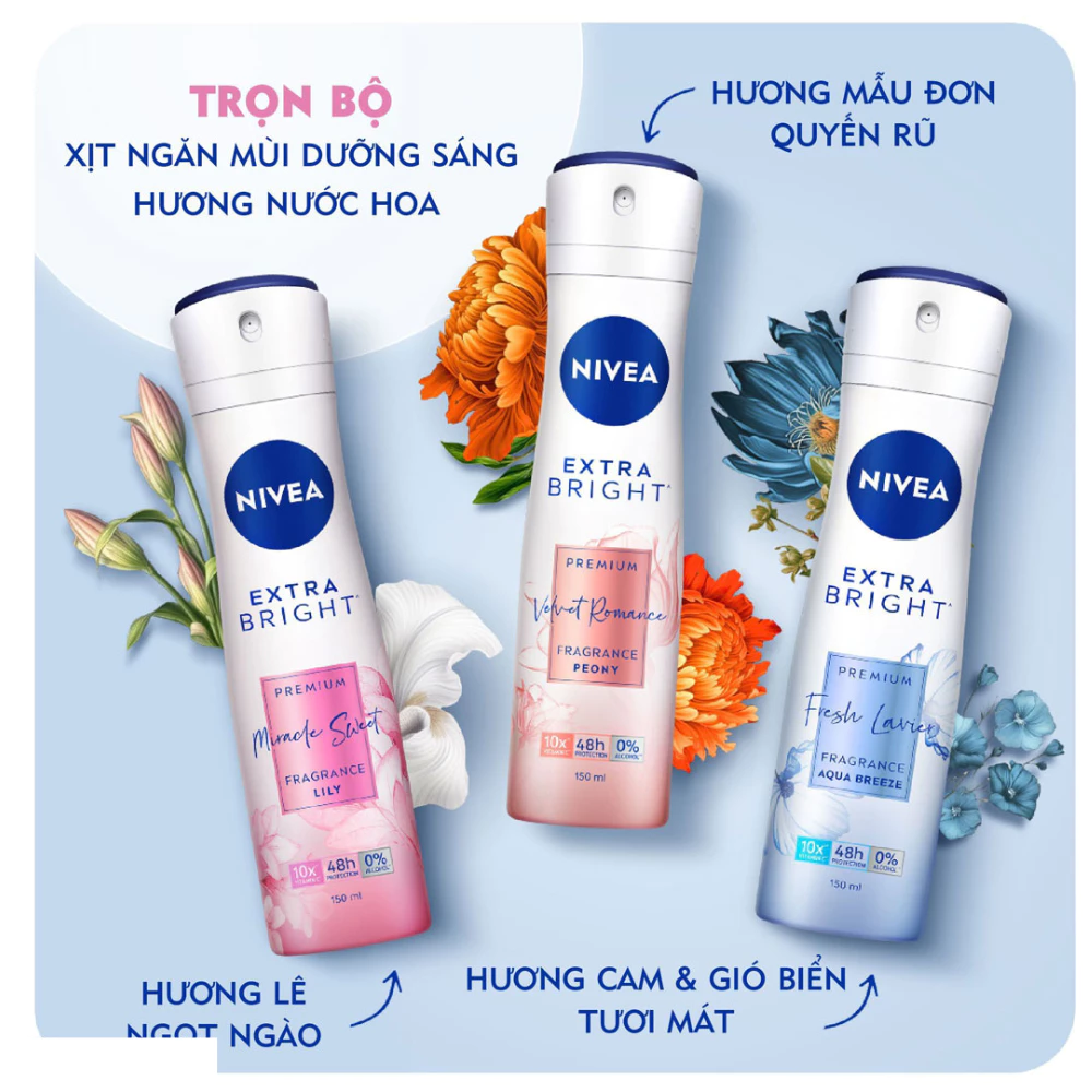 Xịt khử mùi Nivea dưỡng sáng hương cam & gió biển/lê ngọt ngào/hoa mẫu đơn 150ml