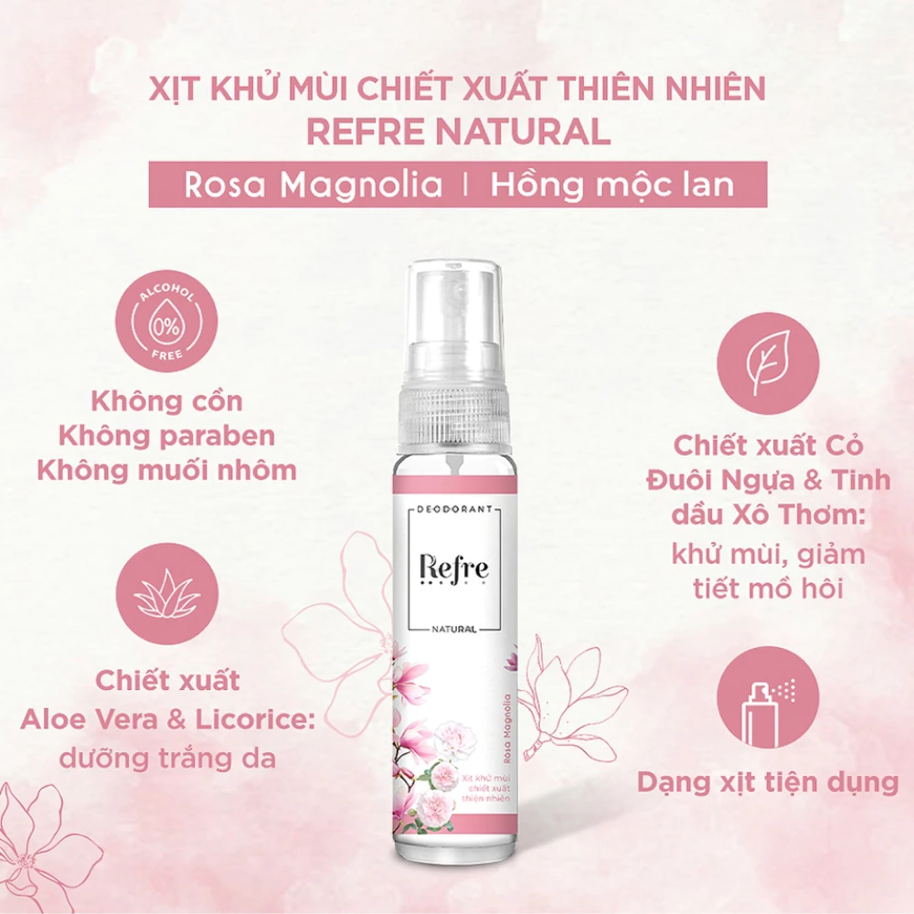 Xịt khử mùi Refre Natural hương thảo/trà xanh/hương gỗ/hồng mộc lan 30ml