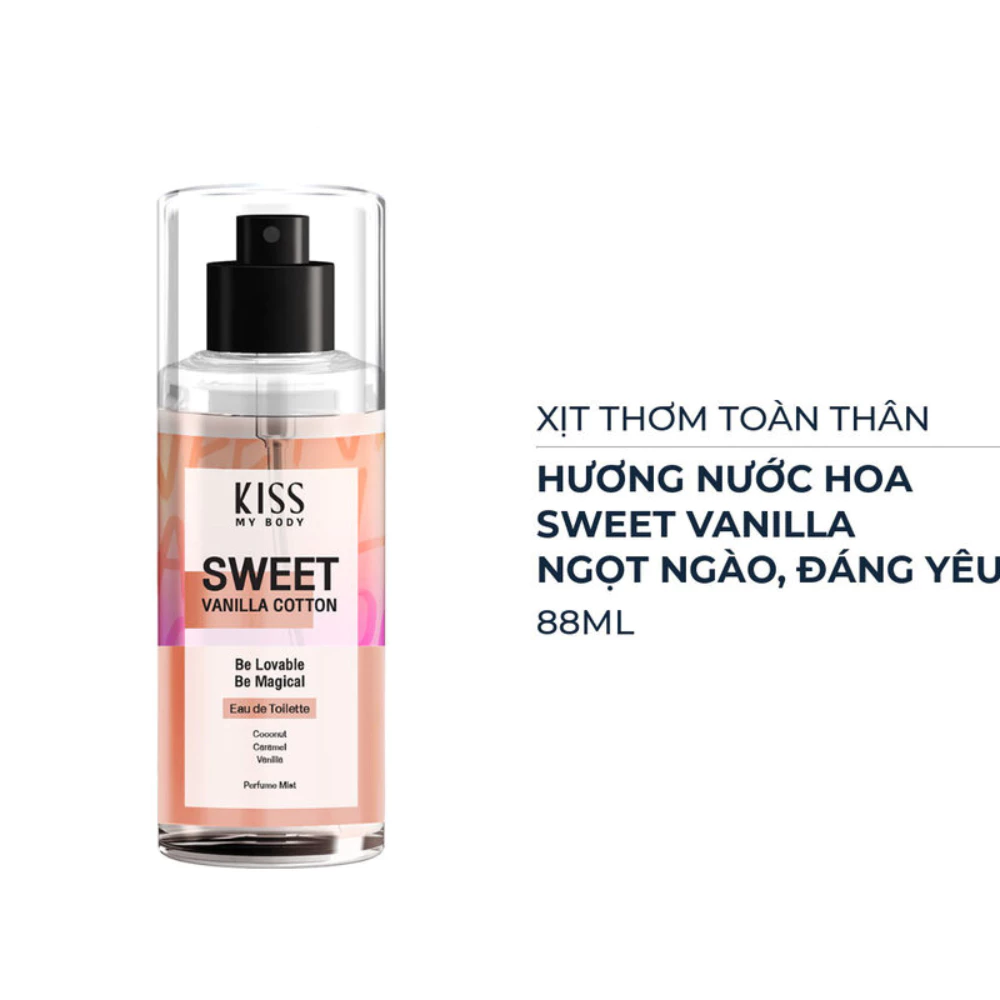 Xịt thơm toàn thân Kiss My Body - Sweet Vanilla Cotton/hương Delight/hương Crazy In Love/Sweetie 88ml