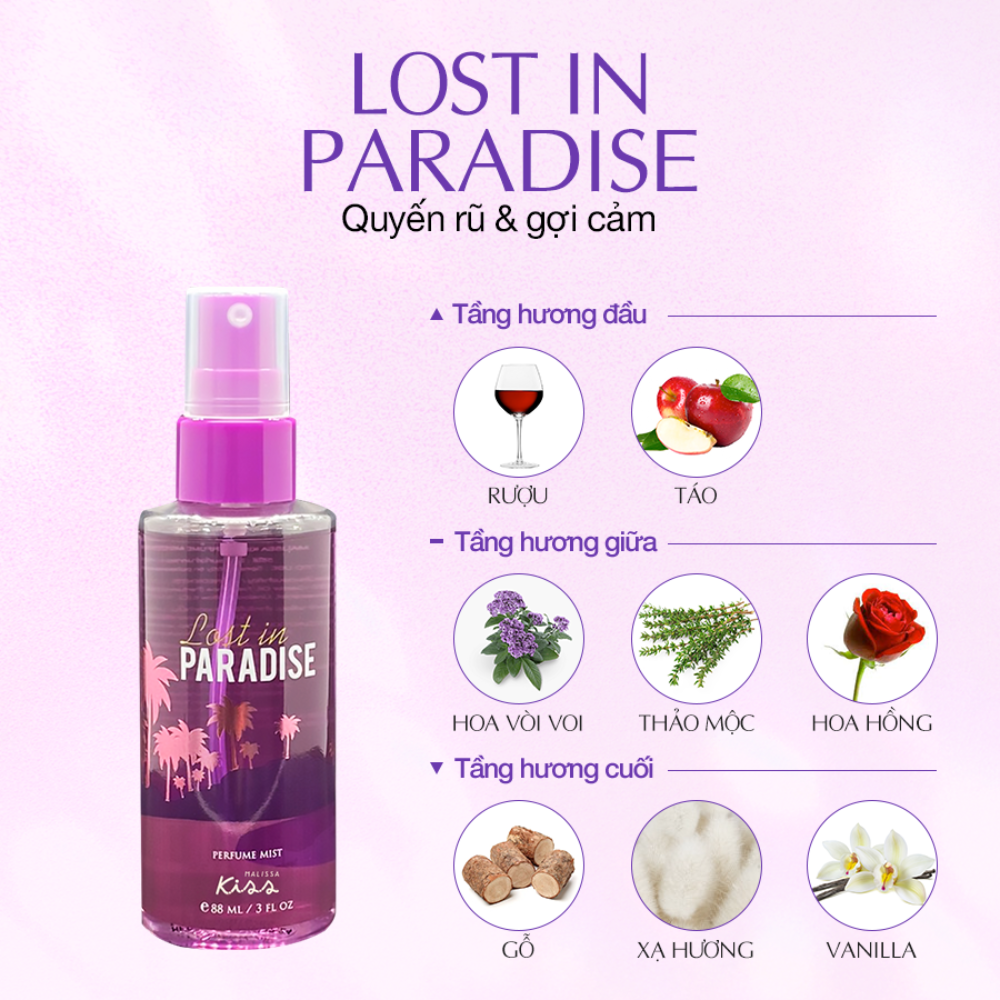 Xịt thơm toàn thân Malissa Kiss - hương Lost In Paradise/Sweet Vanilla Cotton/hương Crazy In Love 88ml