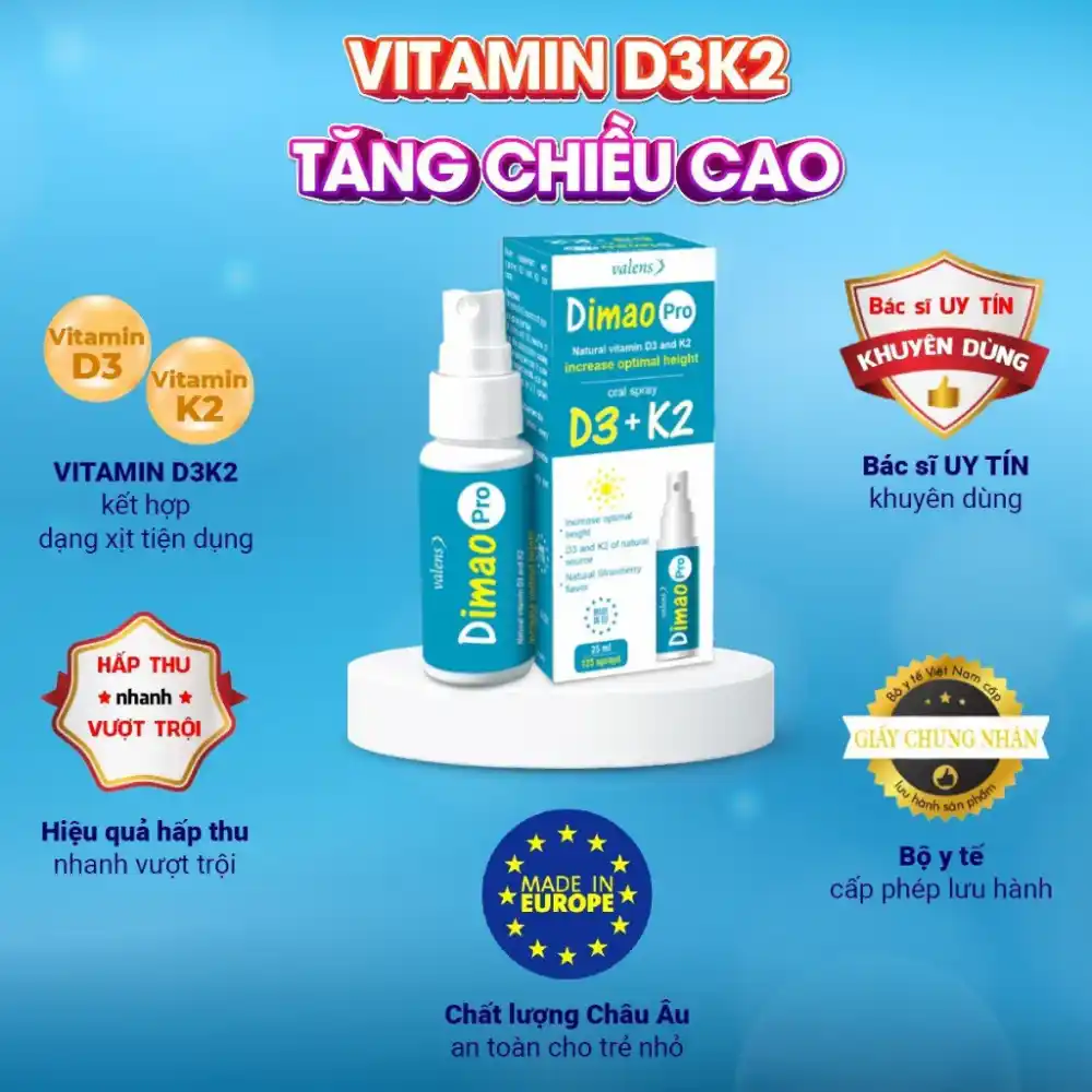 Xịt Valens Dimao Pro D3+K2 hỗ trợ hấp thu canxi 25ml cho bé từ 0 tháng tuổi
