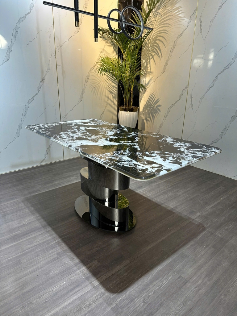 Bộ bàn ăn nhập khẩu cao cấp chân Inox hình tim, mặt bàn đá tinh thể màu đen trắng 1800*900mm + 8 ghế