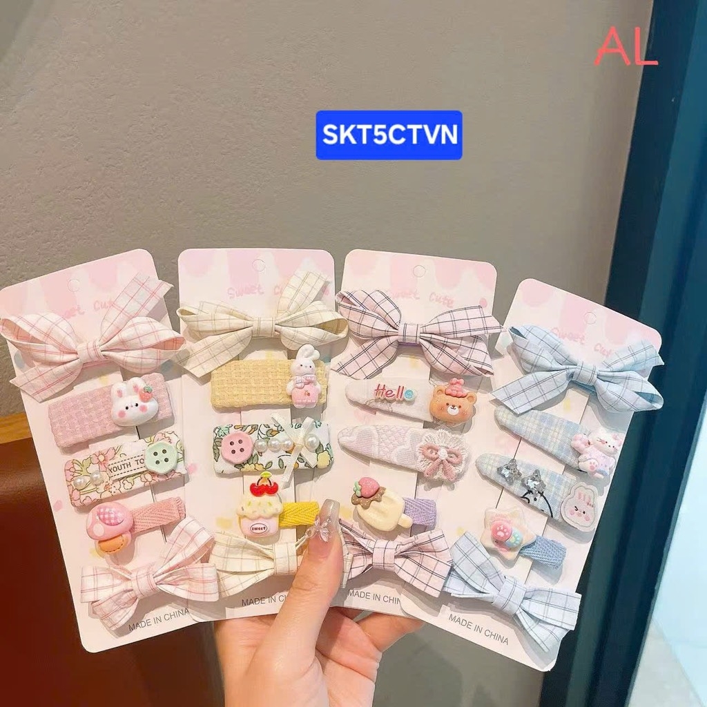 Set kẹp tóc 5 chi tiết vải nơ caro