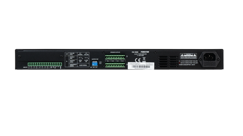Bộ khuếch đại công suất 4 kênh, công suất 4 x 400W RMS, ngõ ra 70V/100V, nhãn hiệu FONESTAR FSD-4500E
