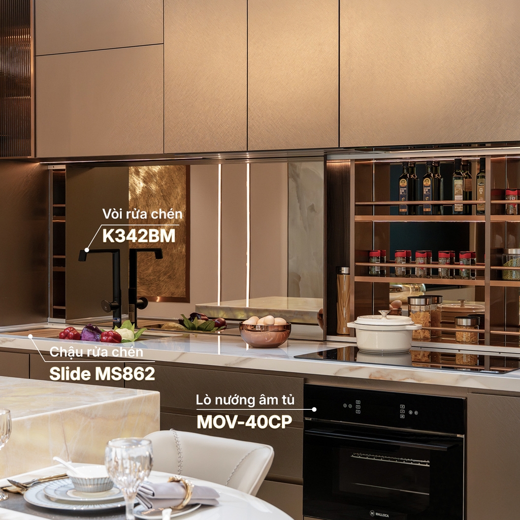 Hình ảnh Vòi rửa K342BM, chậu rửa Slide MS862, lò nướng MOV40CP Malloca