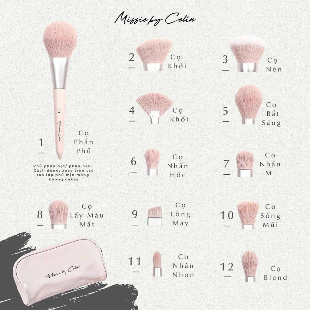 Bộ cọ trang điểm CELIN 12 cây + có túi (hồng)