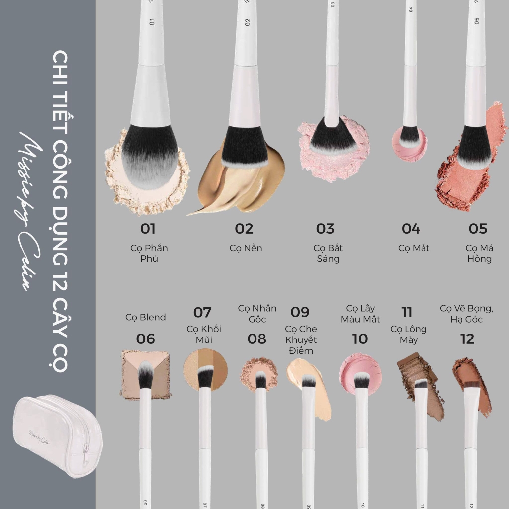 Bộ cọ trang điểm CELIN 12 cây + có túi (trắng)