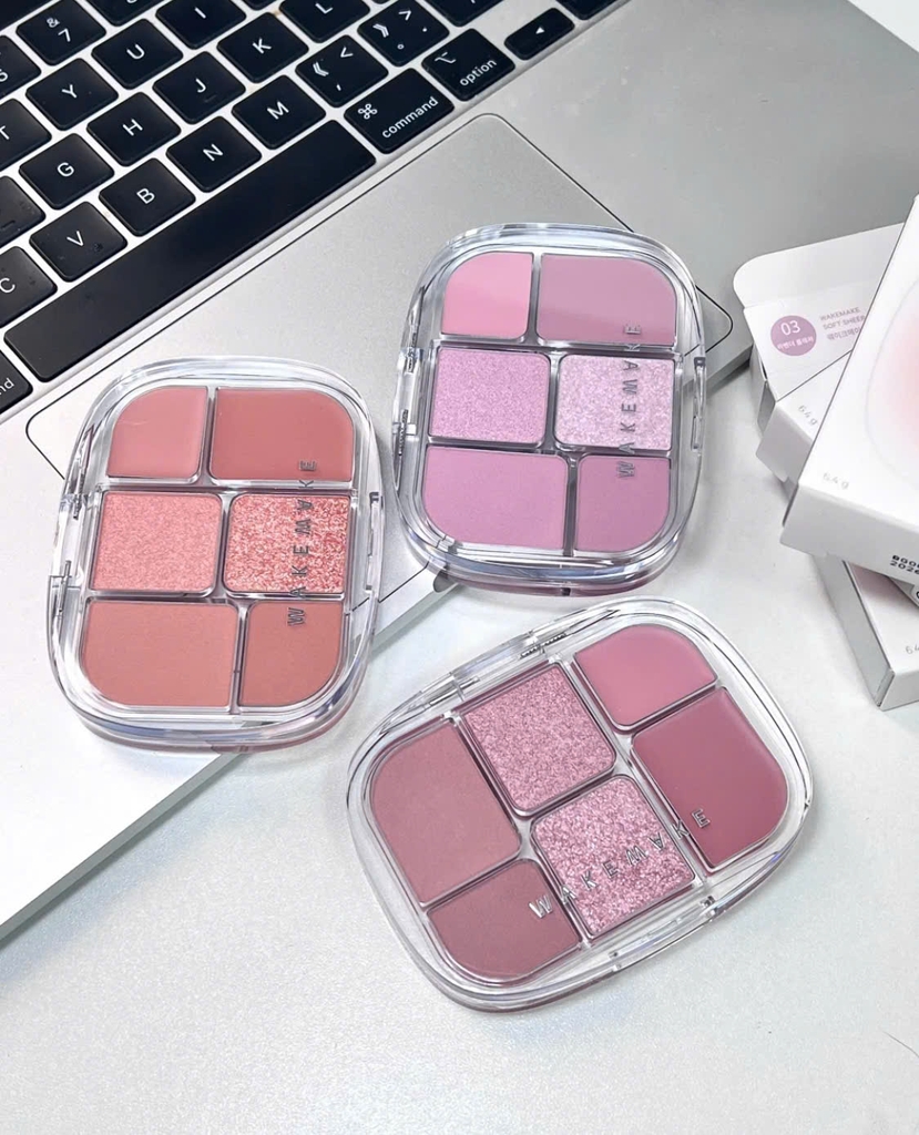 Phấn mắt + bắt sáng + má WAKEMAKE soft sheer 6ô - #01 coral hertz