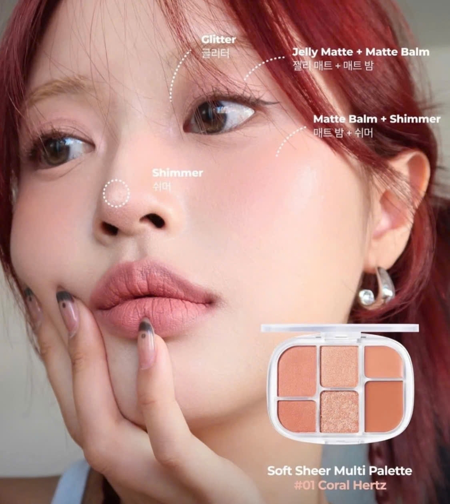 Phấn mắt + bắt sáng + má WAKEMAKE soft sheer 6ô - #01 coral hertz