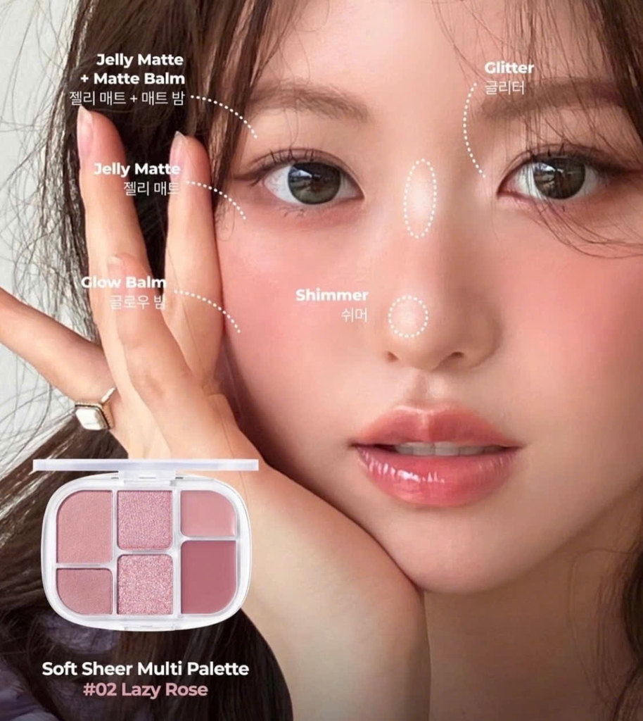 Phấn mắt + bắt sáng + má WAKEMAKE soft sheer 6ô - #02 lazy rose