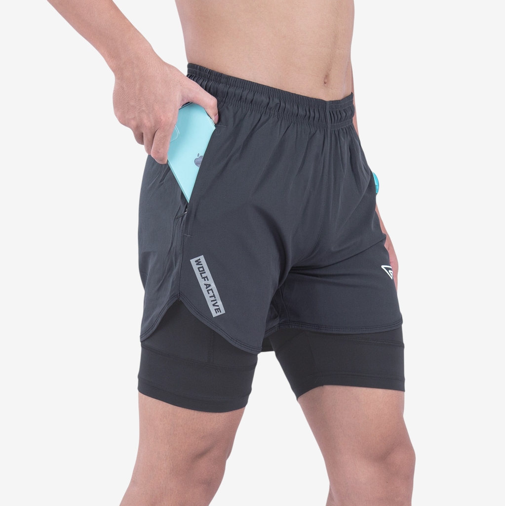 Quần 2 Lớp Thể Thao Chạy Bộ Nam Wolf Active Max Speed W195, Nhanh Khô, Nhẹ, Nhiều Túi