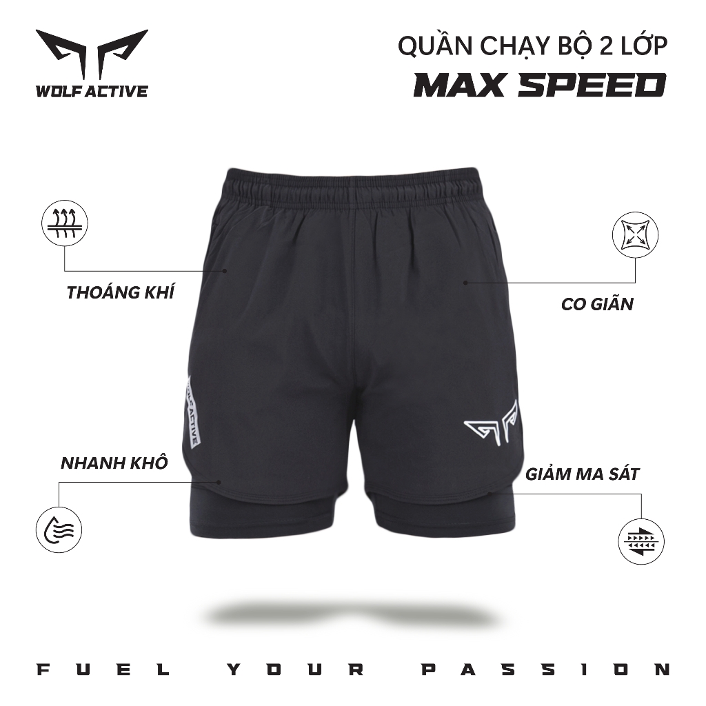 Quần 2 Lớp Thể Thao Chạy Bộ Nam Wolf Active Max Speed W195, Nhanh Khô, Nhẹ, Nhiều Túi
