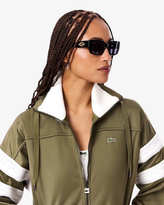 Áo Khoác Lacoste Chính hãng - Women's Oversized Pointelle Stripe Satin Sweatshirt - Màu Nâu | JapanSport SF5260-51-E9F