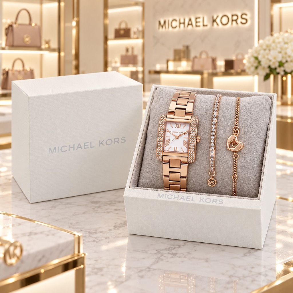 Set Đồng hồ Michael Kors Chính hãng - Emery Pavé Rose Gold-Tone Watch and Bracelet Gift Set - Màu Vàng Hồng | JapanSport MK7512SET