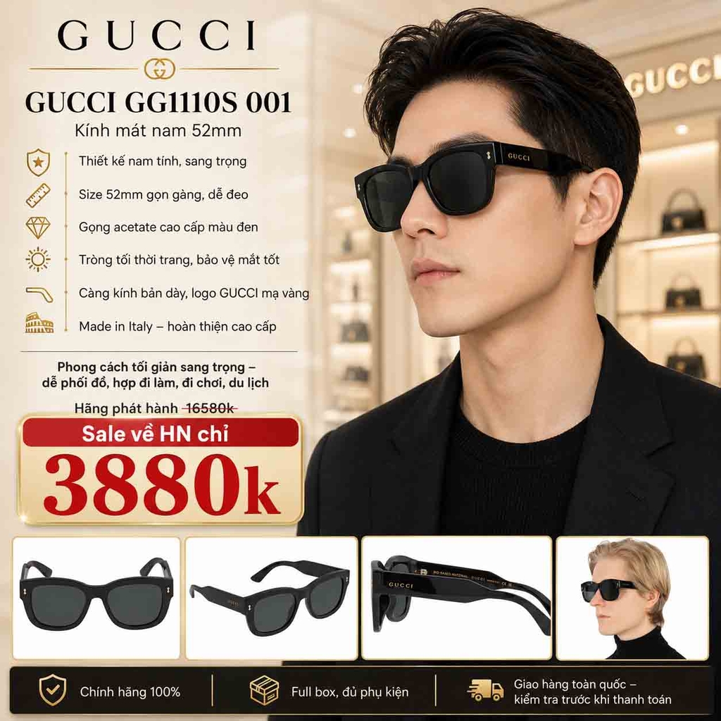 Kính Gucci Nam Chính hãng - GG1110S-001 - Gọng vuông/rectangle, nguyên vành - 53mm | JapanSport