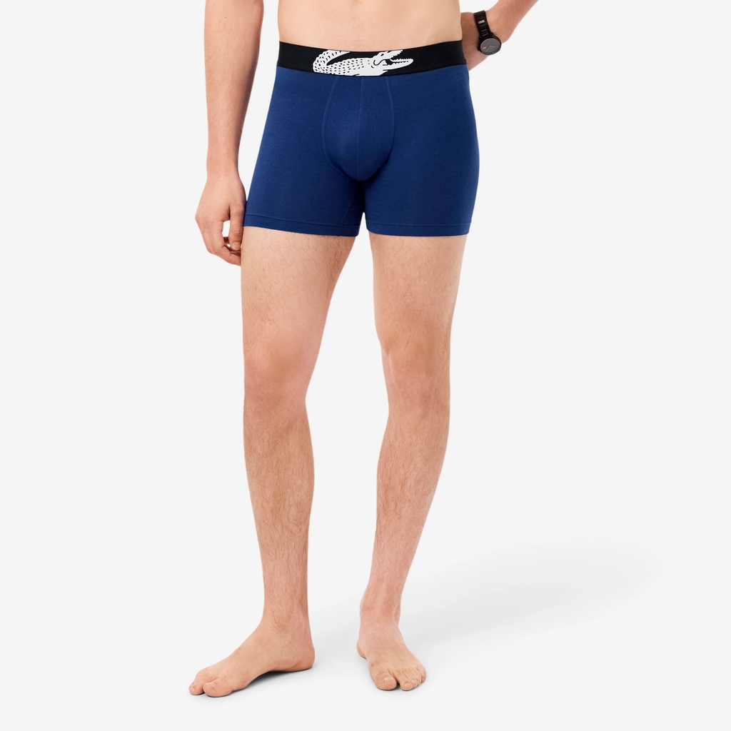 Quần Boxer Lacoste Chính hãng - 3-Pack Long Elastic - Màu Xanh/Xám/Đỏ | JapanSport 6H9302-51-W3T