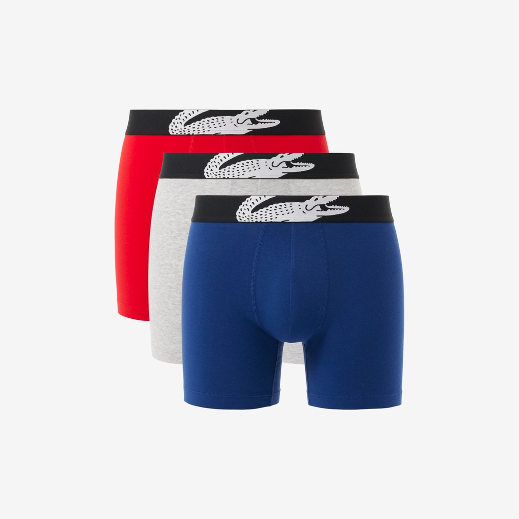 Quần Boxer Lacoste Chính hãng - 3-Pack Long Elastic - Màu Xanh/Xám/Đỏ | JapanSport 6H9302-51-W3T