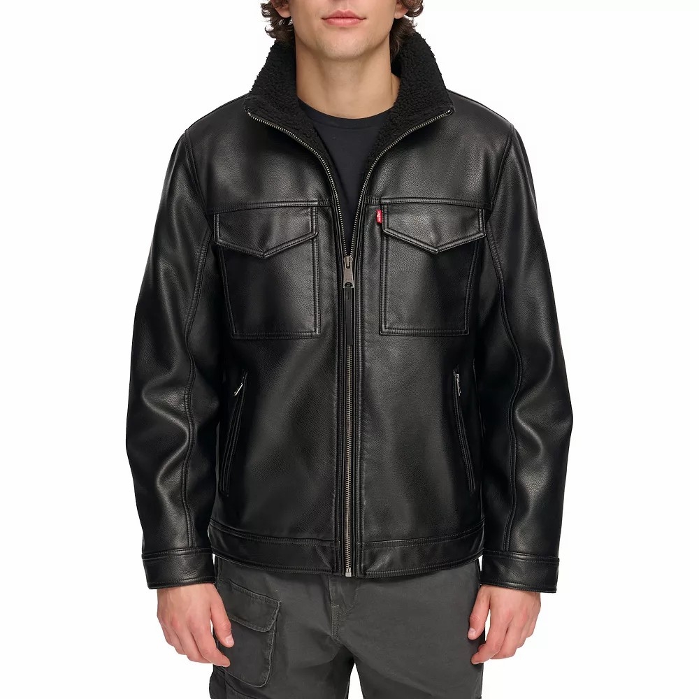 Áo Khoác da Levi's Chính Hãng - Men's Faux Leather 2-Pocket Sherpa Lined Jacket - Màu đen | JapanSport LM3RU805-blk
