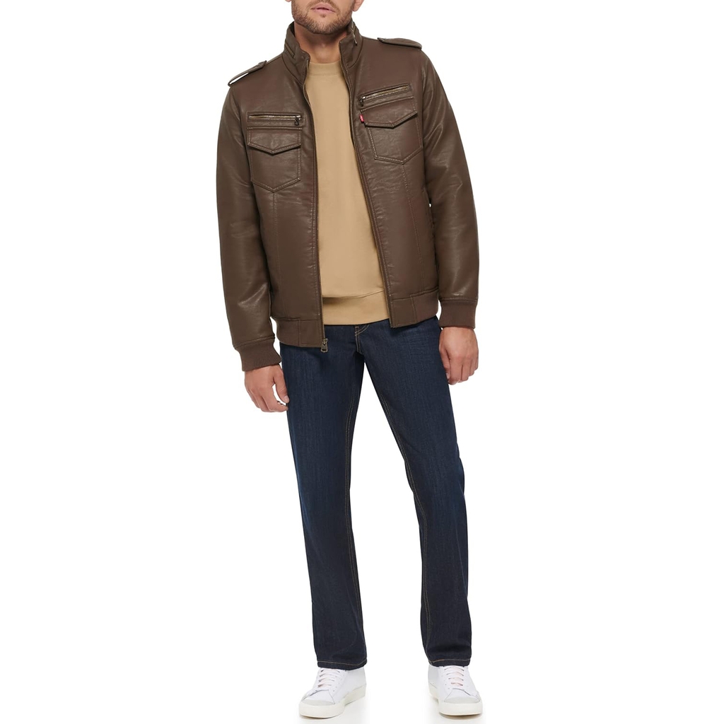 Áo Khoác Da Levi's Chính Hãng - Faux Leather Aviator Bomber Jacket - Màu Nâu | JapanSport LM2RU385-ear