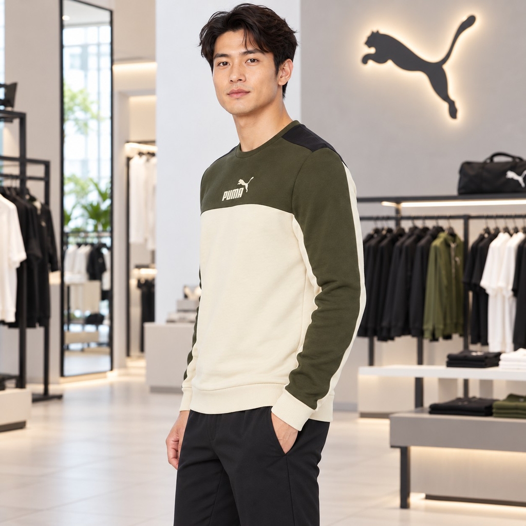 Áo Dài Tay Puma Nam Chính Hãng - PUMA ESS+ BLOCK Crew  - Màu Xanh/Trắng | JapanSport 849564-64