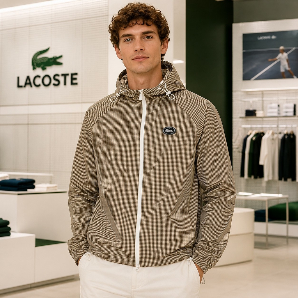 Áo Khoác Lacoste Chính hãng - Men's Hooded Check Twill Jacket - Màu Nâu | JapanSport BH0151-51-87E