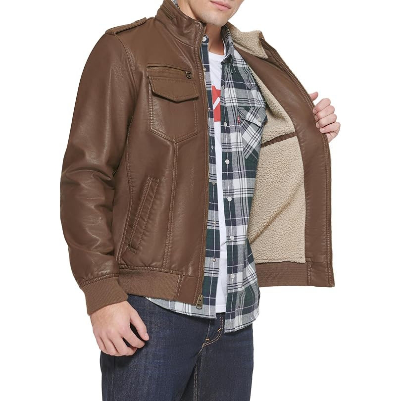 Áo Khoác Levi's Chính Hãng - Faux Leather Aviator Bomber Jacket - Màu nâu | JapanSport LM8RU476-Earth