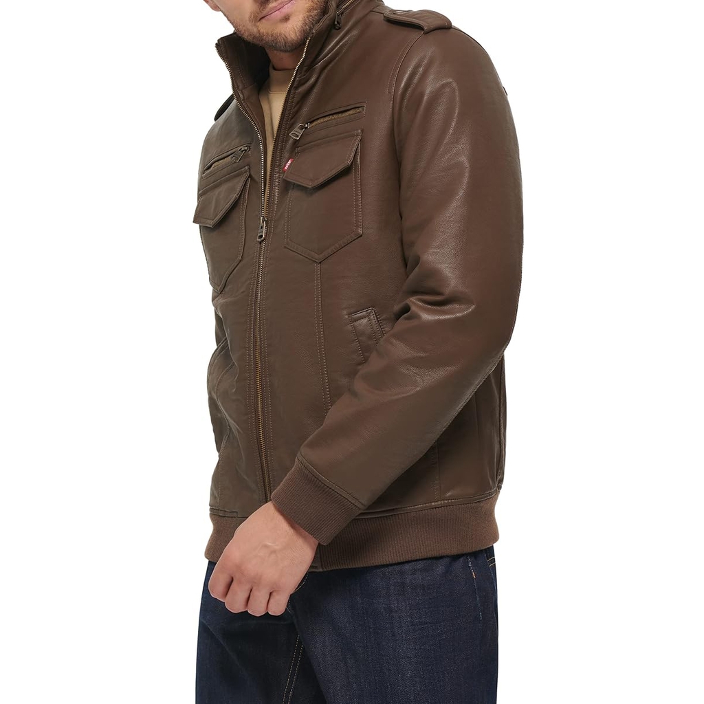 Áo Khoác Da Levi's Chính Hãng - Faux Leather Aviator Bomber Jacket - Màu Nâu | JapanSport LM2RU385-ear